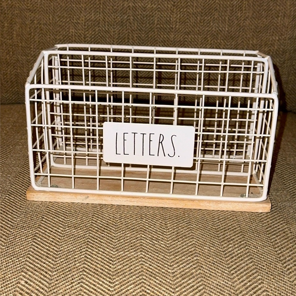 RAE DUNN White Wire LETTERS Mail Holder Wood Base 2Section Home Office Organizer